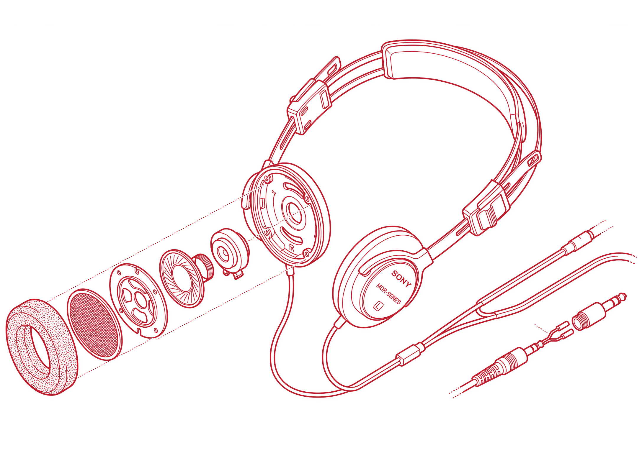 Exploded headphone diagram — signal path from source to ear, every component laid bare