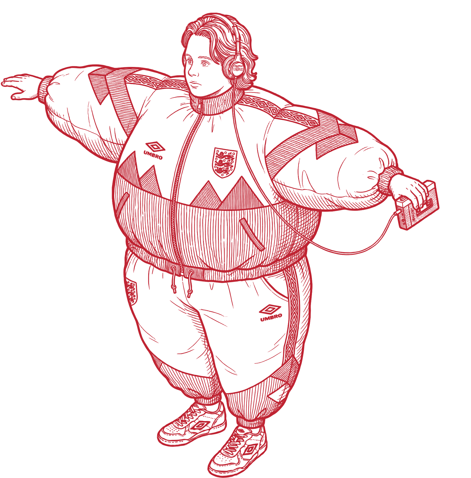 Illustration of a young Phil McKeith in an inflated England shell suit wearing headphones and holding a Sony Walkman